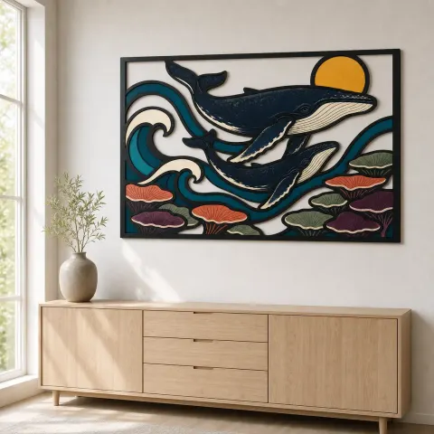 Vista alternativa de Ballena Jorobada Madre y Cría sobre Olas del Océano Decoración Mural de Metal Colorida