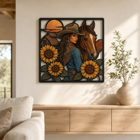 Vista alternativa de Cartel de metal colorido de vaquera con caballo, girasoles y granero del oeste