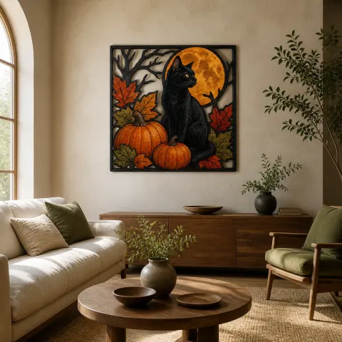 Gato negro con calabazas y hojas de otoño Decoración mural de metal colorida