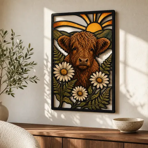 Vaca de las Tierras Altas con Margaritas Blancas y Amanecer en Cartel de Metal Colorido