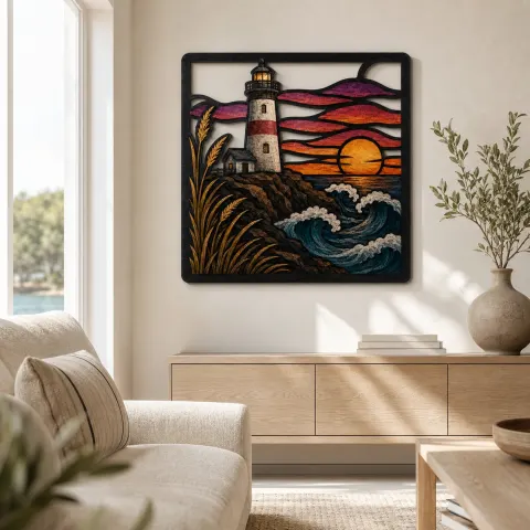 Vista alternativa de Arte Mural de Metal Colorido con Faro Costero y Olas al Atardecer Colorido