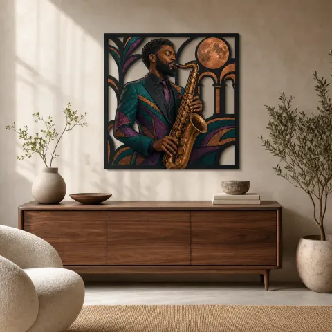 Músico de Saxofón Negro en Escena Jazz Art Deco Decoración Mural de Metal Colorida