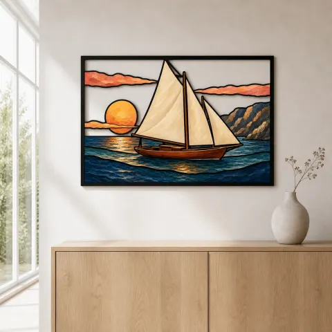Vista alternativa de Velero en Lago Montañoso al Atardecer Decoración Mural de Metal Colorida