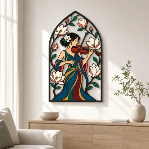 Vista alternativa de Mujer Violinista con Flores de Magnolia Decoración Mural de Metal Colorida