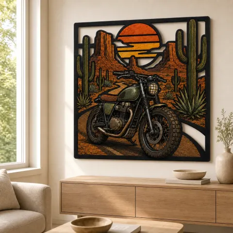 Vista alternativa de Motocicleta Scrambler en Carretera del Desierto al Atardecer Decoración Mural de Metal Colorida