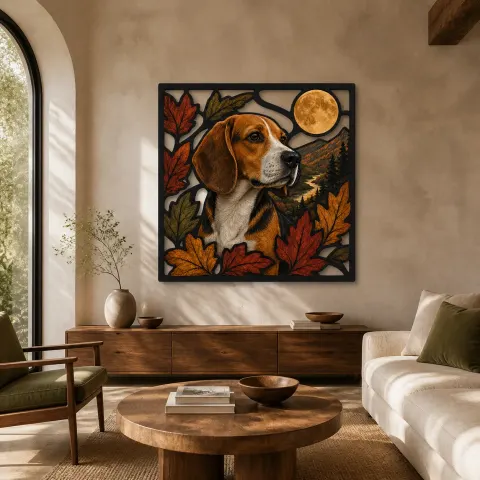 Beagle con Hojas de Otoño y Luna Llena Decoración Mural de Metal Colorida