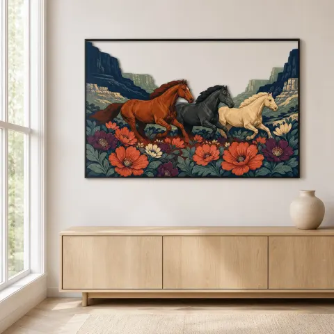 Vista alternativa di Tre Cavalli Selvaggi che Corrono tra i Fiori del Deserto Insegna in Metallo Colorata