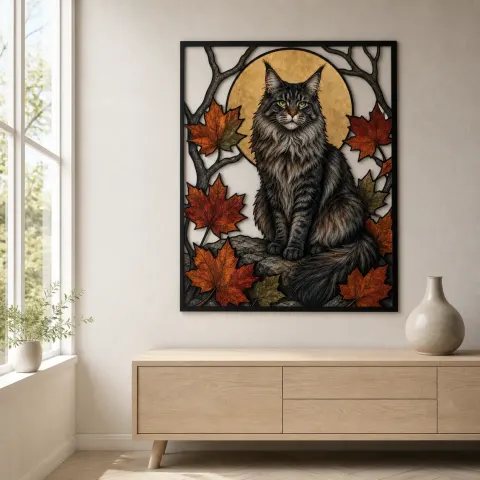 Vista alternativa de Gato Maine Coon con hojas de otoño y luna Decoración mural de metal colorida