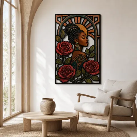 Vista alternativa de Mujer Afro con Rosas Rojas en Marco Art Deco Decoración Mural de Metal Colorida