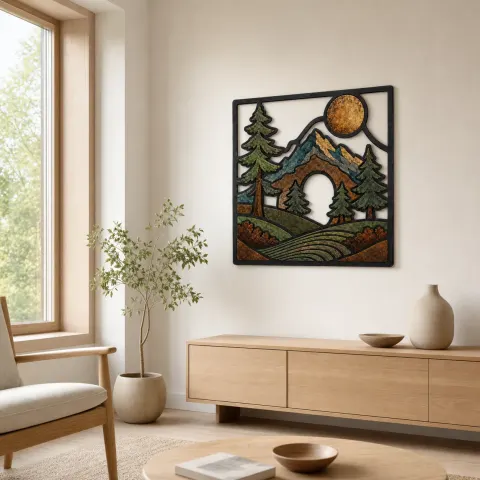 Vista alternativa de Bosque de Montañas de Media Edad con Luna Llena Decoración Mural de Metal Colorida