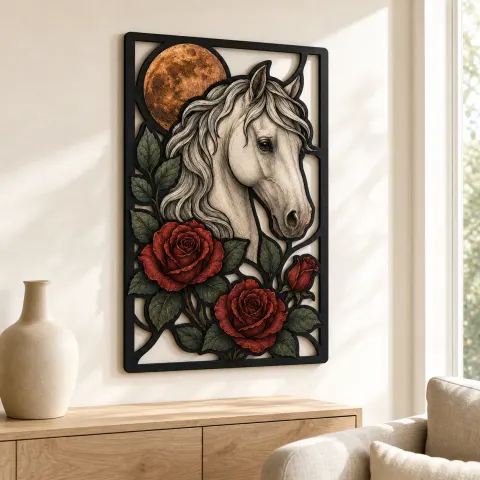 Vista alternativa de Caballo Blanco con Rosas Rojas y Luna Llena Cartel de Metal Colorido