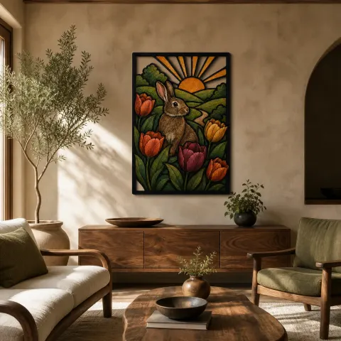 Coniglio di Primavera tra Tulipani Colorati all'Alba Insegna in Metallo
