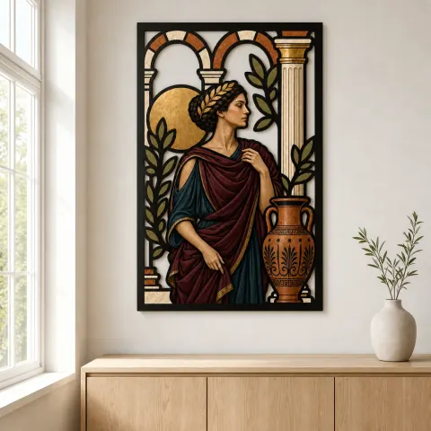 Vista alternativa de Arte Mural de Metal Colorido con Mujer Griega Clásica con Cerámica Bajo Arcos