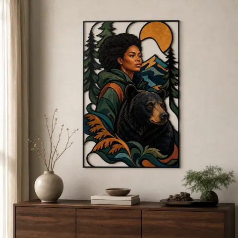 Mujer Negra con Oso en Bosque Montañoso Arte Mural de Metal Colorido