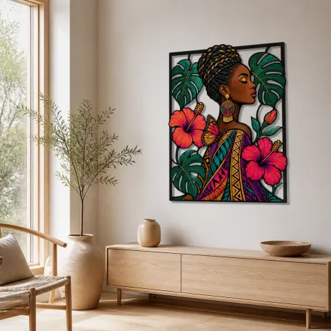 Vista alternativa de Mujer Afro con Hibiscos Tropicales y Mariposas Decoración Mural de Metal Colorida