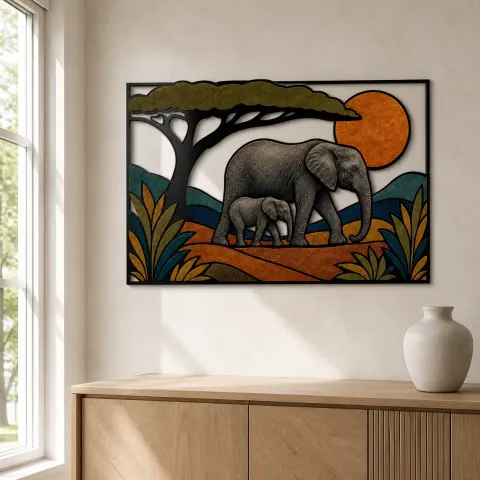 Vista alternativa de Elefante madre y cría en la sabana - Arte mural de metal colorido