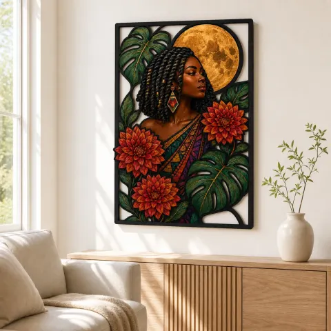 Vista alternativa de Mujer Afro con Dalias y Luna Llena Arte Mural de Metal Colorido