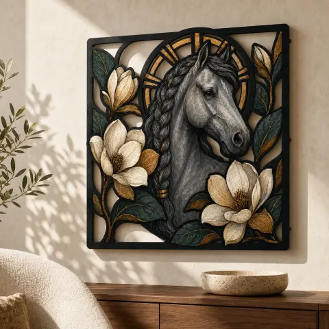 Caballo Gris Trenzado con Flores de Magnolia Blancas Decoración Mural de Metal Colorida