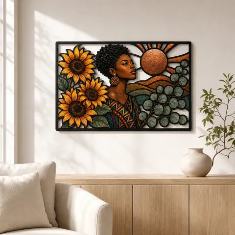 Vista alternativa de Mujer Afro con Girasoles y Sol de Cobre Decoración Mural de Metal Colorida