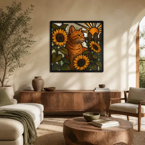 Gato Atigrado Naranja con Girasoles junto al Granero Decoración Mural de Metal Colorida