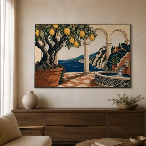 Patio de limones mediterráneo con vista al mar Decoración mural de metal colorida