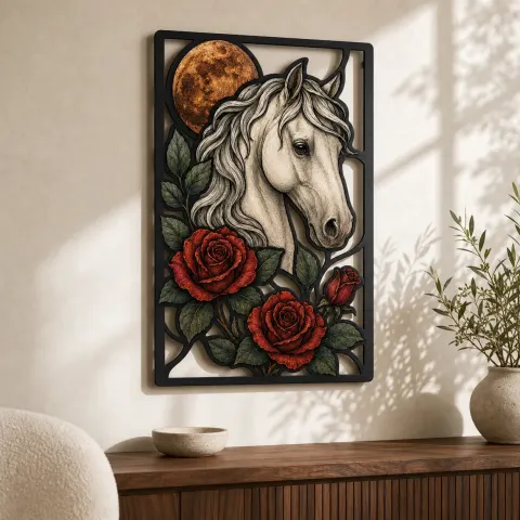 Caballo Blanco con Rosas Rojas y Luna Llena Cartel de Metal Colorido