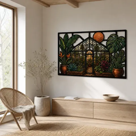 Vista alternativa di Insegna in metallo colorata della serra tropicale con monstera e uccello del paradiso