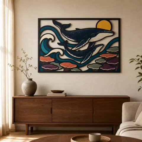 Ballena Jorobada Madre y Cría sobre Olas del Océano Decoración Mural de Metal Colorida