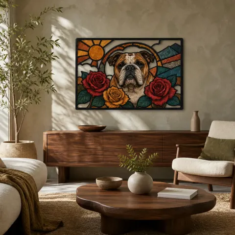 Bulldog Inglés con Rosas Rojas y Doradas Decoración Mural de Metal Colorida