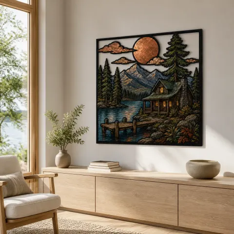 Vista alternativa di Cabina di Legno Rustica sul Lago Montano al Tramonto Insegna in Metallo Colorata