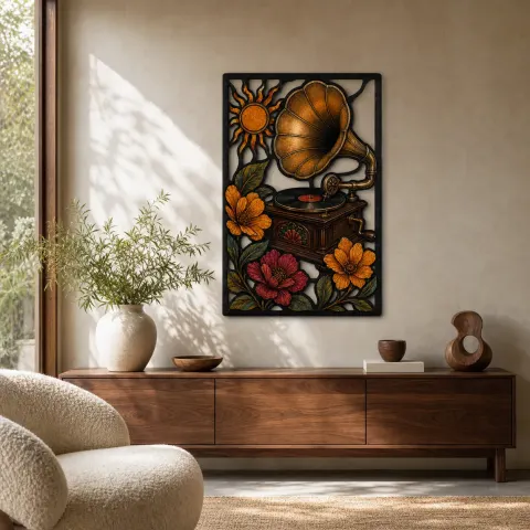 Arte Mural de Metal Colorido de Gramófono Vintage con Flores Coloridas y Sol