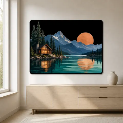 Vista alternativa de Cabaña en el Lago de Montaña bajo el Atardecer de Cobre Decoración Mural de Metal Colorida