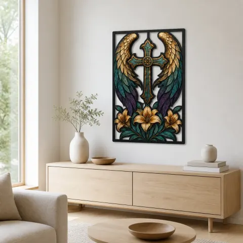 Vista alternativa de Alas de Ángel alrededor de Cruz con Lirios Blancos Decoración Mural de Metal Colorida