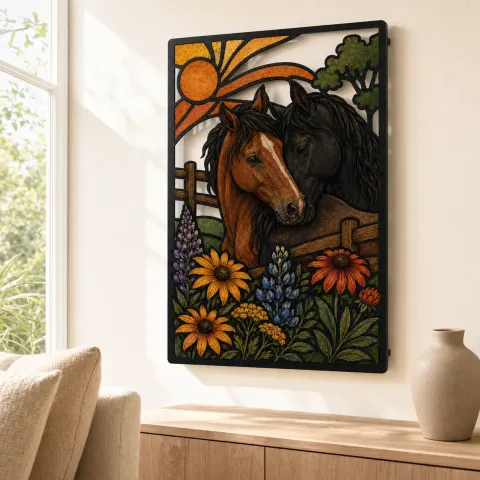 Vista alternativa de Arte Mural de Metal Colorido de Dos Caballos con Flores Silvestres y Amanecer
