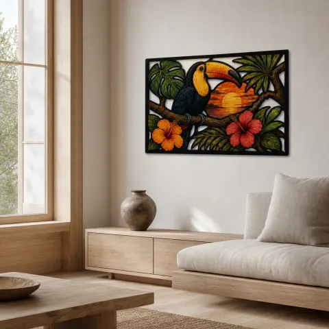 Vista alternativa di Tucano con Hibiscus Tropicale al Tramonto Insegna in Metallo Colorata