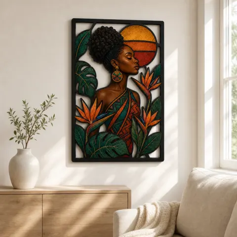 Vue alternative de Femme Afro avec Fleurs d'Oiseau de Paradis - Décoration Murale en Métal Colorée