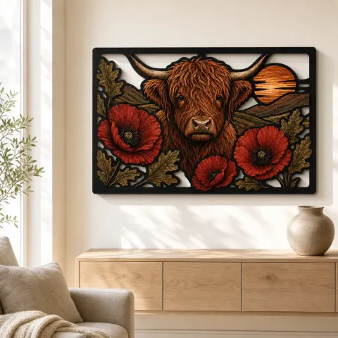 Vista alternativa de Vaca de las Tierras Altas con Amapolas Rojas y Hojas de Roble en Cartel de Metal Colorido