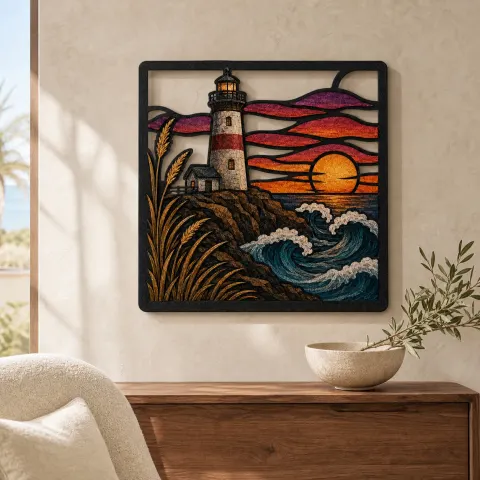 Arte Mural de Metal Colorido con Faro Costero y Olas al Atardecer Colorido