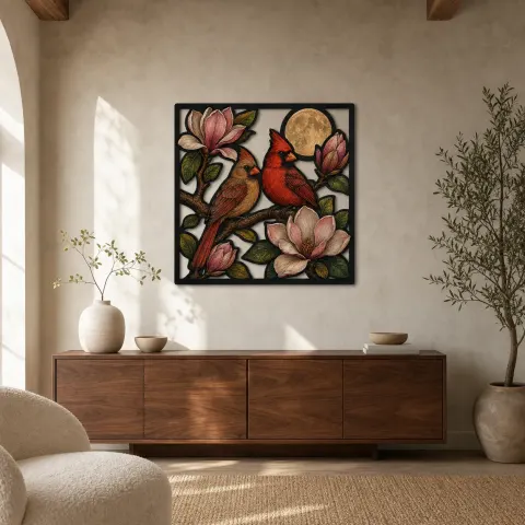 Pareja de cardenales entre flores de magnolia y luna llena Decoración mural de metal colorida