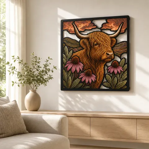 Vista alternativa de Vaca de las Tierras Altas con Equináceas Rosadas y Colinas en Cartel de Metal Colorido