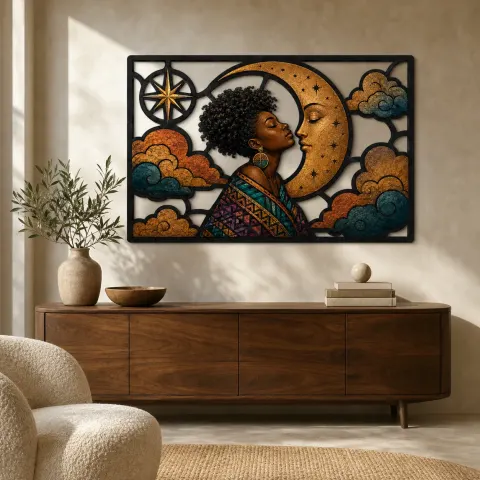 Femme Afro Étreignant la Lune Croissante parmi les Nuages - Décoration Murale en Métal Colorée