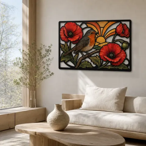 Vista alternativa di Robin tra Papaveri Rossi all'Alba Insegna in Metallo Colorata