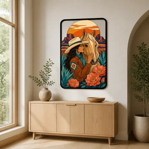 Vista alternativa de Cartel de metal colorido de vaquera con caballo, flores protea y atardecer en el desierto