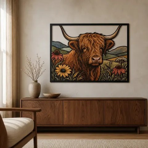 Vaca de las Tierras Altas con Flores de Pradera Coloridas en Cartel de Metal