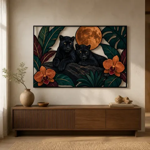 Pareja de Panteras Negras con Orquídeas y Luna Llena Decoración Mural de Metal Colorida