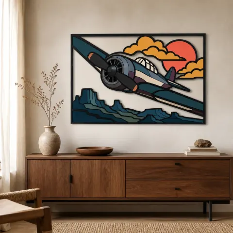 Arte Mural de Metal Colorido de Avión Vintage Volando sobre el Desierto del Suroeste