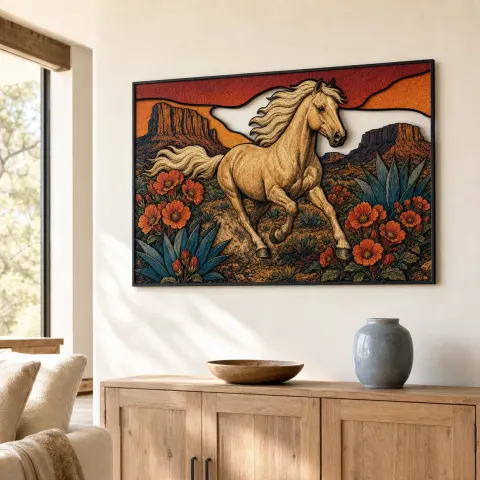 Vista alternativa de Caballo Blanco Corriendo por el Desierto del Suroeste Cartel de Metal Colorido
