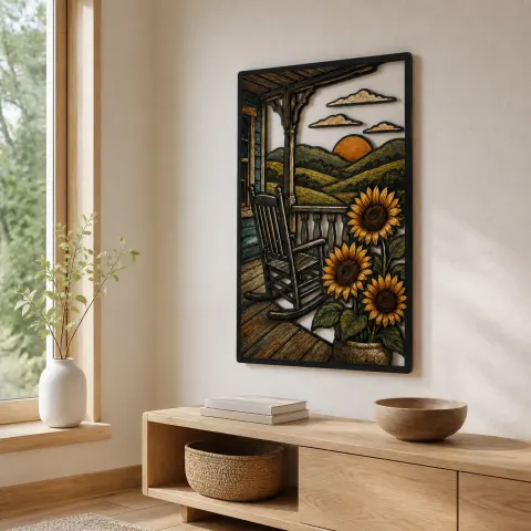 Vista alternativa de Silla Mecedora de Porche de Granja con Girasoles Decoración Mural de Metal Colorida