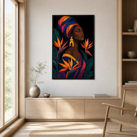 Vue alternative de Femme Afro avec Turban Coloré et Oiseau de Paradis - Décoration Murale en Métal