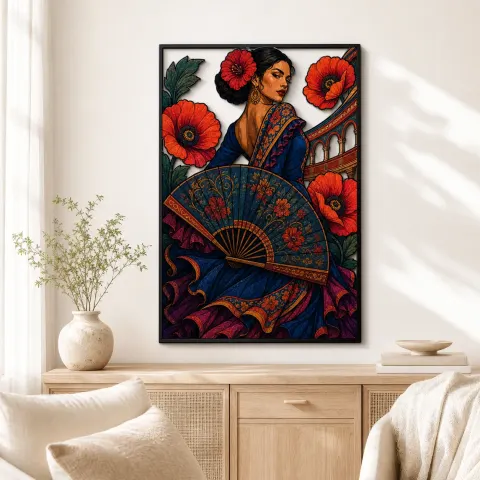 Vista alternativa de Mujer Flamenca con Abanico y Amapolas Rojas Decoración Mural de Metal Colorida